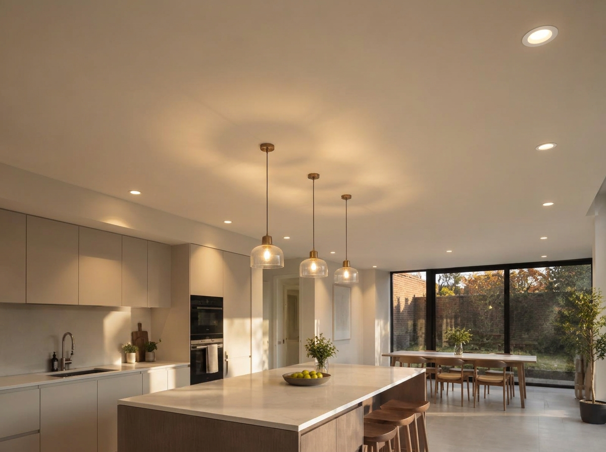 Smooth plastered ceiling and walls in a finished kitchen